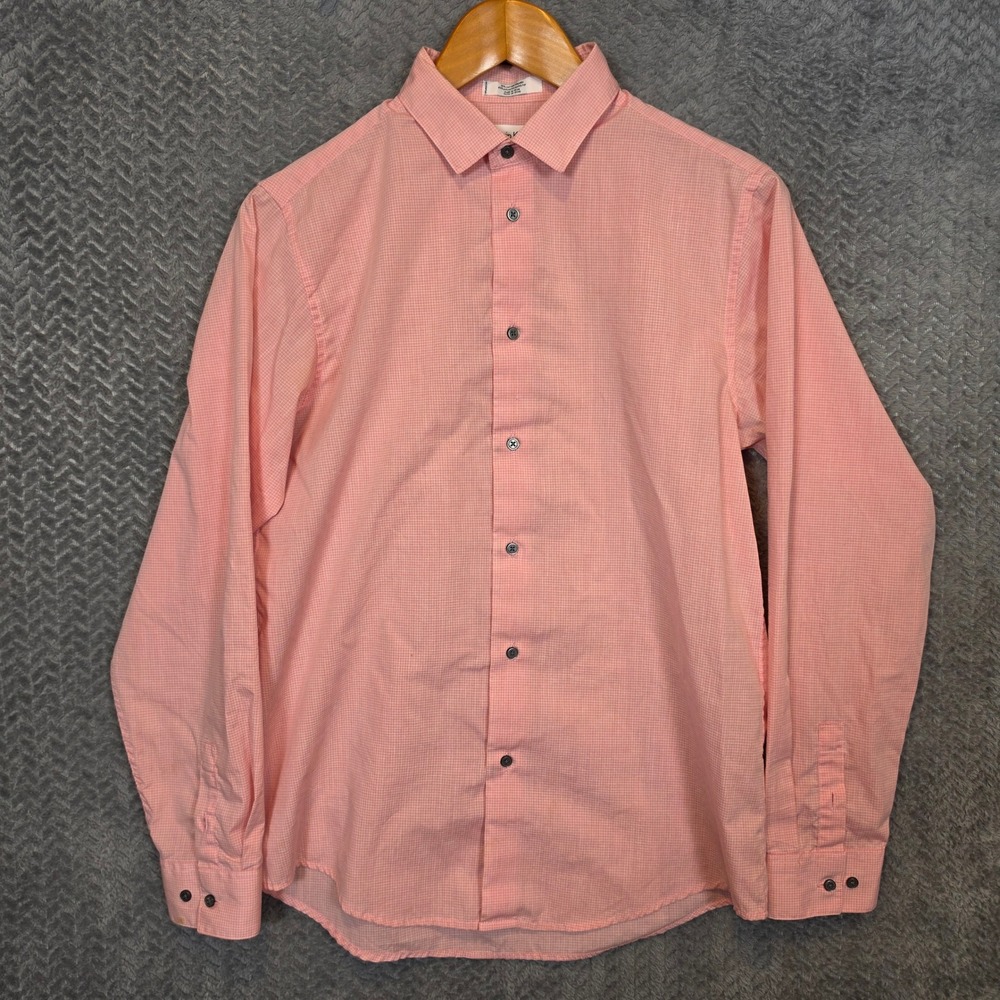 Calvin Klein Men Slim Fit Dress Shirt Coral Pink Micro Check Long Sleeve Size 20